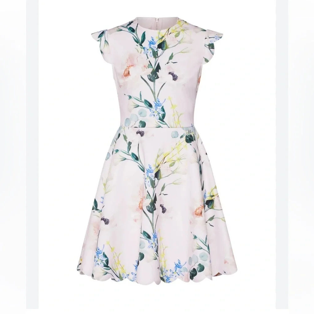 Ted Baker Karsali Elegance Scallop Skater Nude Pink Floral Cap Sleeve Dress 2 XS - Picture 3 of 16